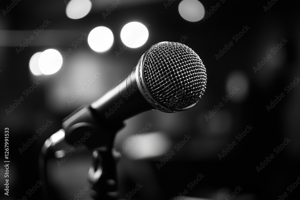 Leinwandbilder Close up of a microphone ready for a live performance in a dimly lit venue with soft bokeh lights in the background. Generative AI