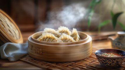 Steamed dumplings in a bamboo basket accompanied by dipping sauces, served in a warm and inviting setting.