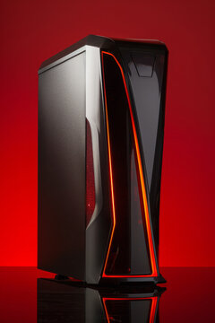 PC Case: Slim tower computer case. Minimalist, contemporary and modern design. RGB lighting. Industrial design. Computer hardware design concept.