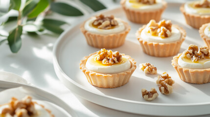 Delicious mini savory canap&eacute;s with cheese, garnished with walnuts and honey, arranged on a table, perfect as appetizers.
