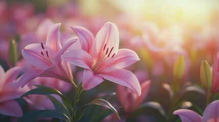 Fototapeta premium Vibrant pink lilies blooming under soft sunlight in a serene garden setting during summer