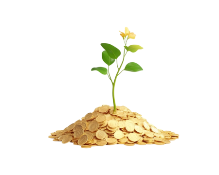 A plant growing on a pile of gold coins, representing financial growth and sustainability.