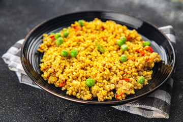 boulgur quinoa dish vegetables vegetarian dish vegetable food fresh tasty food dish gourmet food background on the table rustic food top view copy space 