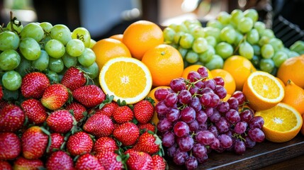A colorful assortment of fresh fruits, including strawberries, grapes, and oranges, arranged beautifully.