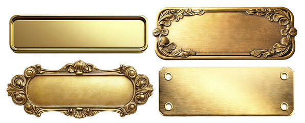Set of golden nameplates with vintage and modern designs, isolated on transparent cutout background
