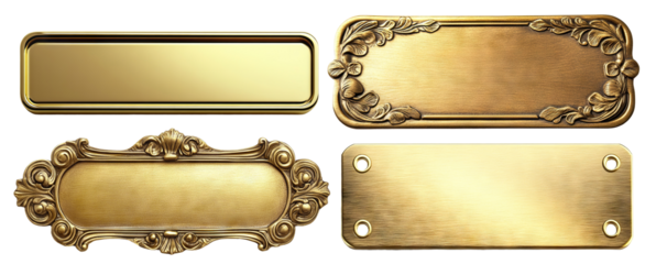 Set of golden nameplates with vintage and modern designs, isolated on transparent cutout background