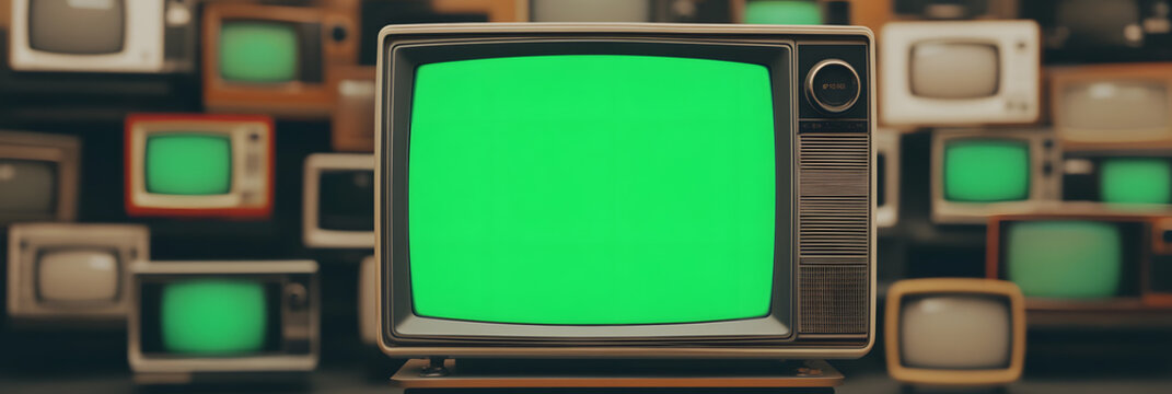 Vintage Television Display: Retro style TV with green screen in focus, surrounded by old TVs. Evokes nostalgia and technological evolution.