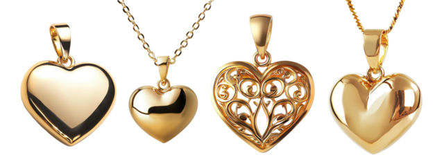 Set of elegant golden heart-shaped pendants, featuring different designs, isolated on a transparent cutout background