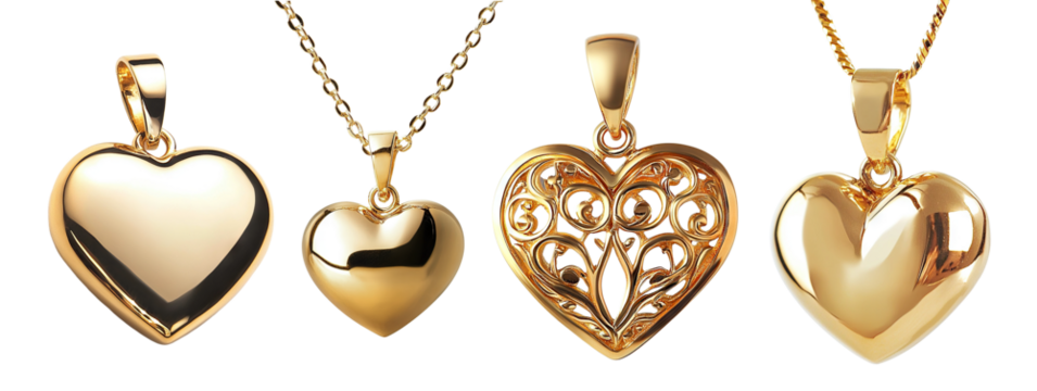 Set of elegant golden heart-shaped pendants, featuring different designs, isolated on a transparent cutout background