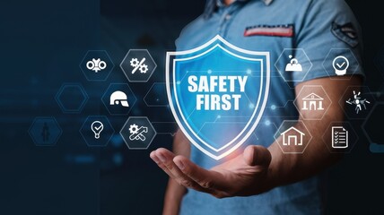 Man presenting a shield that emphasizes safety first principle