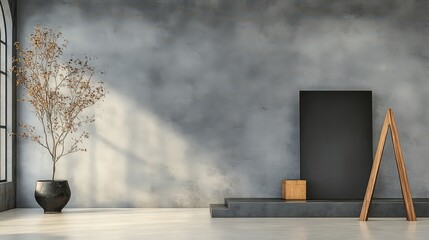 Elegant Modern Interior Featuring Gray Wall Black Canvas and Natural Elements