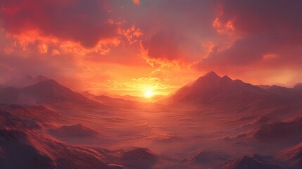 Fototapeta premium Fiery sunset over a vast, mountainous desert landscape.