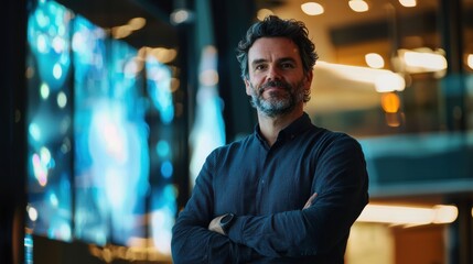 Obraz premium AI startup founder standing in front of a digital innovation hub, holographic displays flickering in the background.