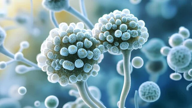 Macro closeup of mold spores expanding in natural environment with soft focus and light effects