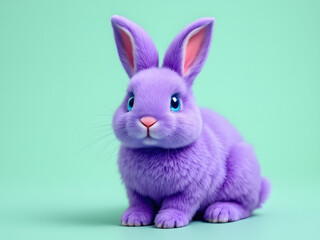 Obraz premium A fluffy purple bunny with blue eyes sits on a green background, exuding charm and cuteness.