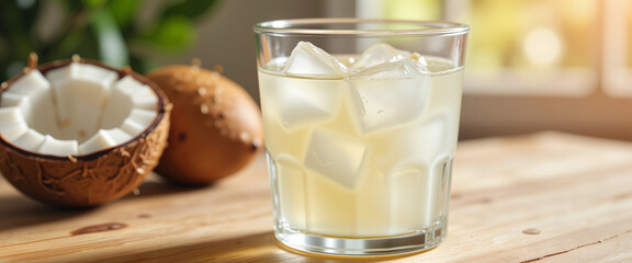Refreshing coconut water in a glass on wooden table, natural beverage