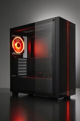 Fototapeta premium PC Case: Sleek black pc tower. Minimalist, contemporary and modern design. Glass panels and dark steel frame. Red RGB lighting. Industrial design. Computer hardware design concept.