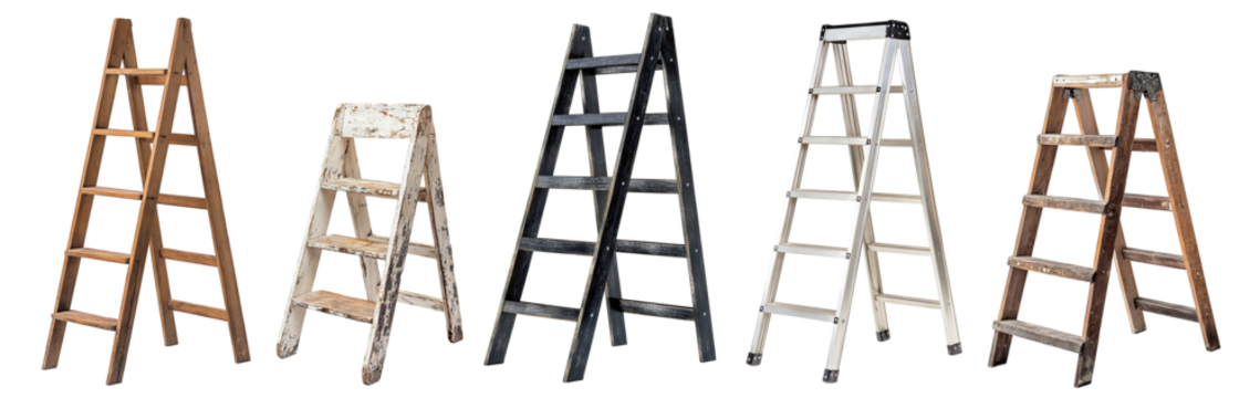 Set of different ladders in various colors and materials, isolated on transparent cutout background