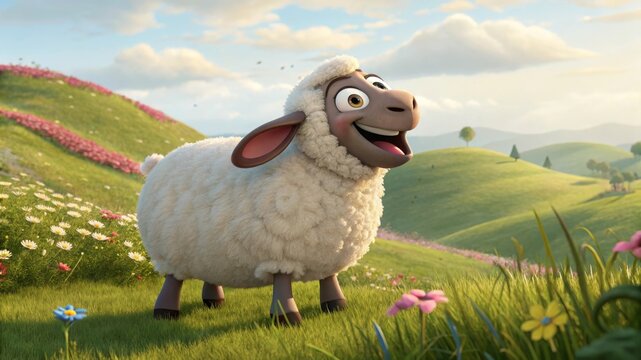 Cheerful sheep grazing in lush green hills animated scene nature bright environment playful concept