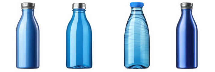 Assorted blue water bottles in various designs modern hydration containers transparent background 