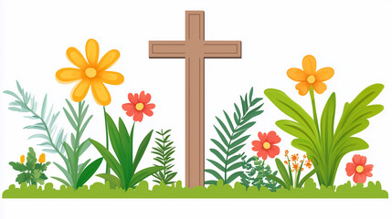 Cross and Flowers in Garden – Easter Religious Symbol Clip Art on pure white background