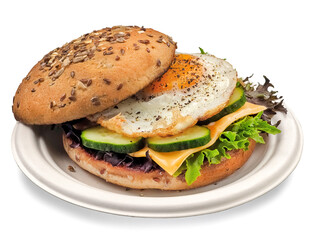 Cheeseburger with egg, cucumber and salad in a paper plate, studio shot