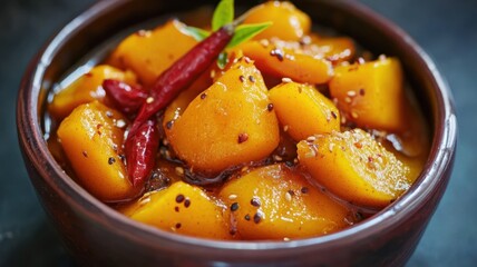 A close-up of spicy mango pickle in a ceramic bowl with red chili and mustard seeds, set against a dark moody background to highlight its rich texture.