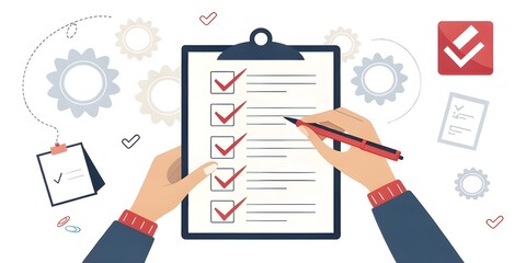 Clipboard with Checklist and Hands Marking Tasks – Flat Design Illustration for Productivity and Task Management