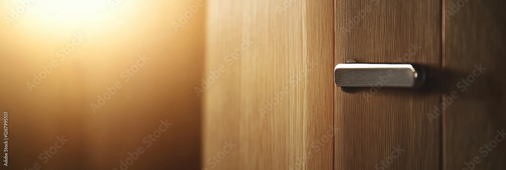 Poster Close up view of modern wooden cabinet door with sleek handle illuminated by warm light in cozy interior. Generative AI