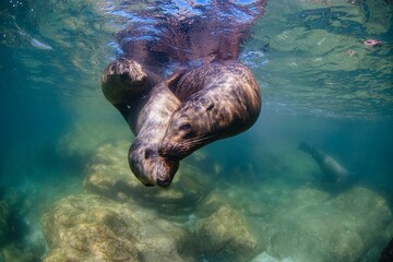 Two beautiful and playful sea lions perform a dance in the ocean.