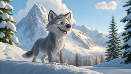 Playful cartoon wolf in snowy mountain landscape animated scene winter environment cheerful viewpoint