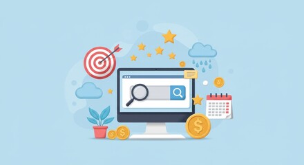 an illustration that highlights the importance of SEO (Search Engine Optimization) and analytics in digital marketing.