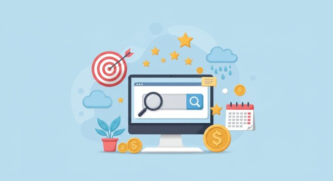 an illustration that highlights the importance of SEO (Search Engine Optimization) and analytics in digital marketing.