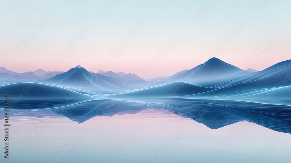 Wall mural Serene misty mountains reflecting in calm lake at dawn