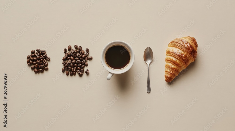 Poster coffee and croissant flat lay with beans and cup arranged in a minimalist style during morning break
