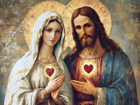 Jesus and Mary with sacred hearts on their chests.