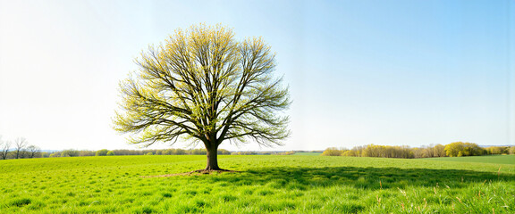 Obraz premium Budding tree in meadow under bright sky, nature's renewal