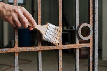 Hand applying paint to rusty metal gate in an indoor workshop for restoration project