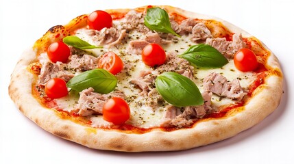 Delicious tuna pizza with cherry tomatoes and basil.  A perfect Italian-style meal!