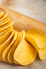 potato chips fast food fresh tasty food dish gourmet food background on the table rustic food top view copy space