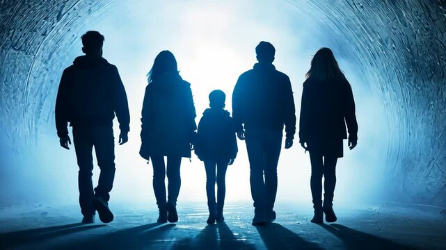 Silhouette of Group of Five People Walking Together in Tunnel with Bright Light Ahead, Family Journey Through Tunnel