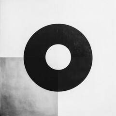 Dynamic geometric pattern featuring a large black circle on a minimalist white background. Generative AI