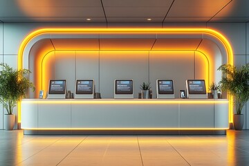 Obraz premium modern interior of a modern office Robot that is sitting at a counter in a store, banner, copy space