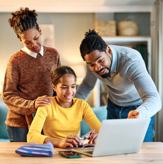 father mother child home family homework daughter girl cheerful teenage parent education laptop...