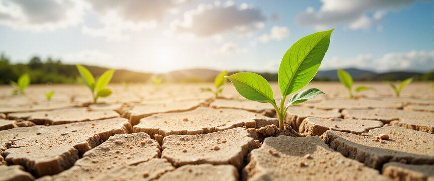 Young green shoots emerging from cracked dry earth, symbolizing resilience - Powered by Adobe