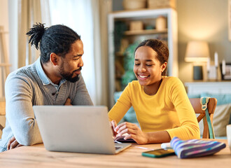 father child home family homework daughter girl cheerful teenage parent education laptop teen...