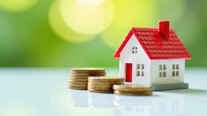 Stacks of coins and a miniature house representing saving money for buying property