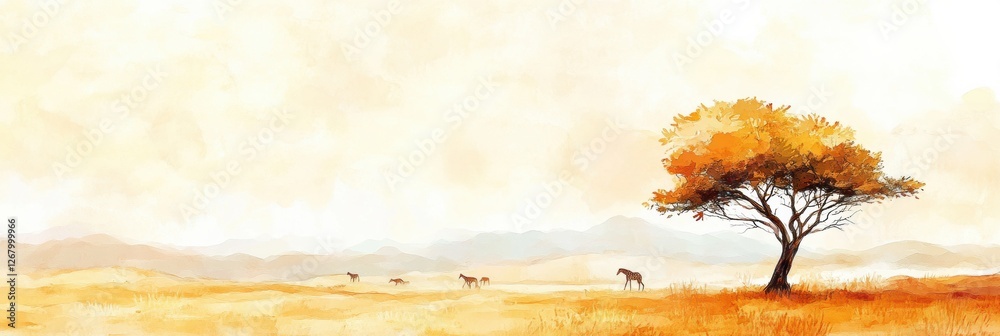Aufkleber scenic landscape showcasing wild horses grazing under a golden hued tree in a serene open field duri