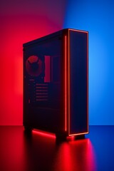PC Case: Sleek modern computer case. Minimalist, contemporary and modern design. Glass panels and dark steel frame. RGB lighting. Industrial design. Computer hardware design concept.