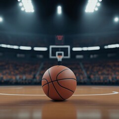 A basketball resting at center court under bright arena lights, capturing the anticipation of a live sports event
